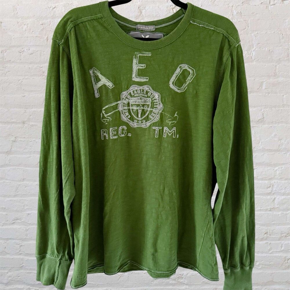 Vintage Y2K American Eagle Tee Shirt Mens XXL Green Vintage Fit Long Sleeve Slub